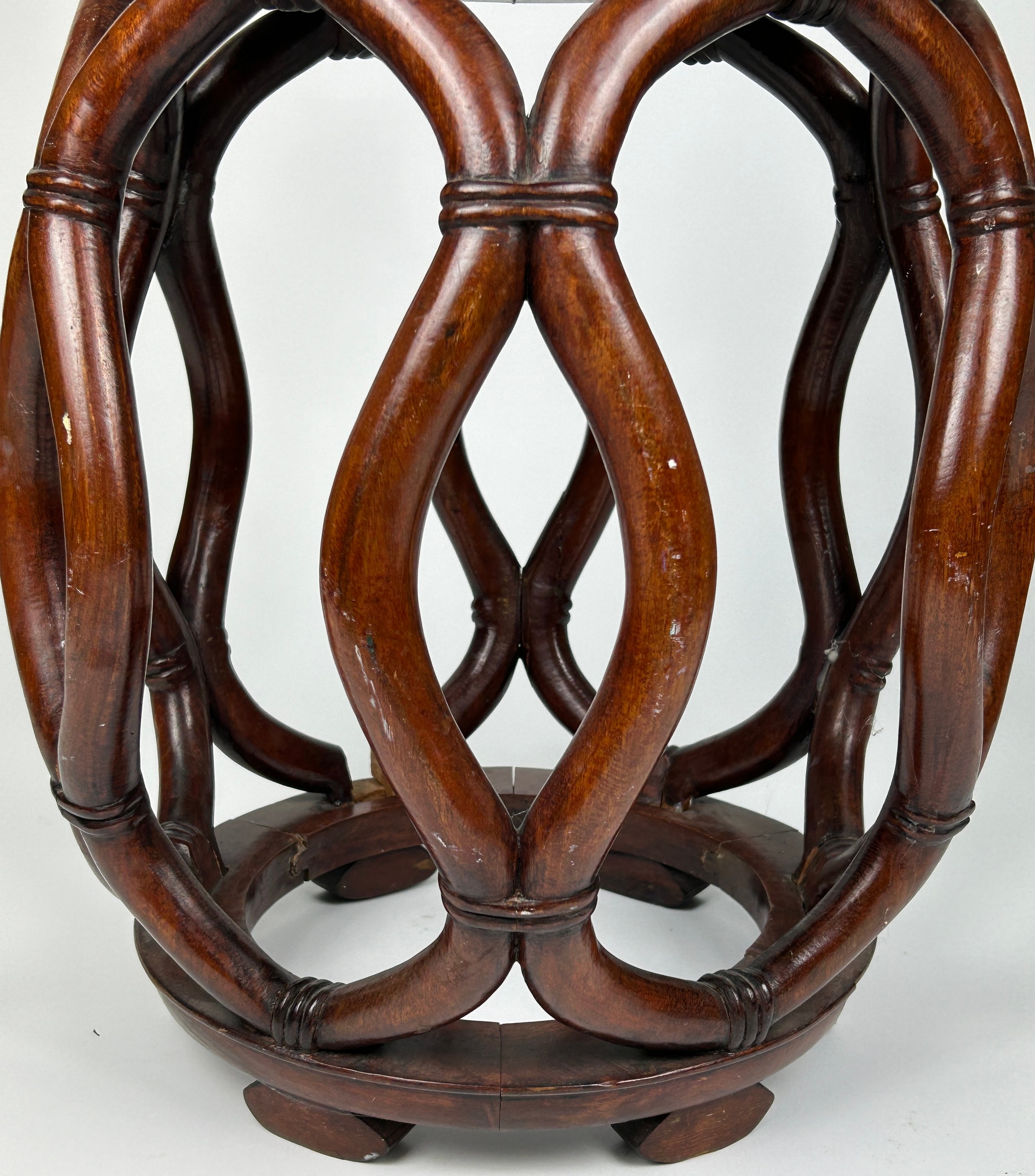 A PAIR OF CHINESE ROSEWOOD BARREL STOOLS, with burl inset circular top and reticulated sides, carved - Image 10 of 10
