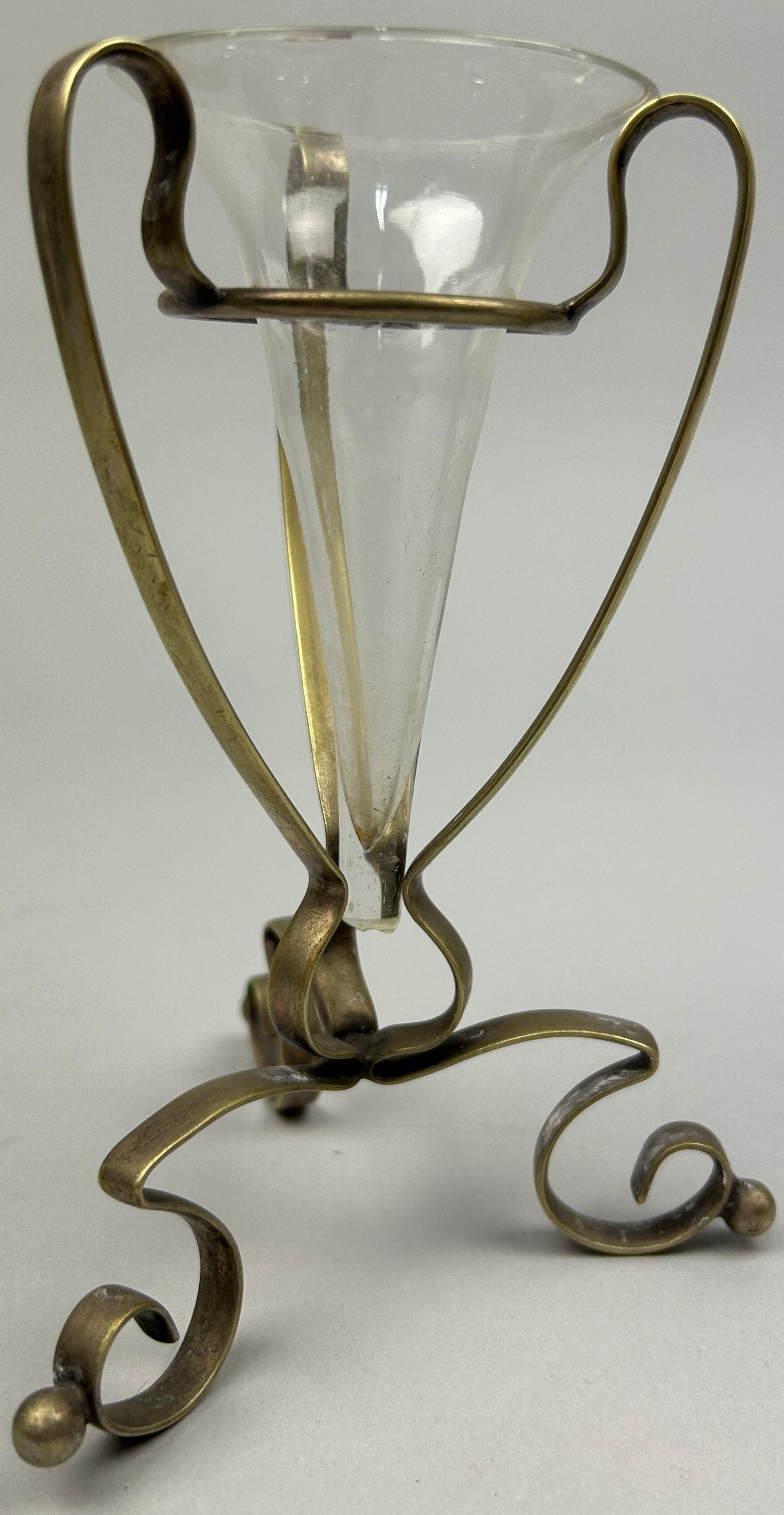 ATTRIBUTED TO WILLIAM ARTHUR SMITH BENSON (1854-1924), conical glasses in art nouveau brass stands - Image 3 of 3