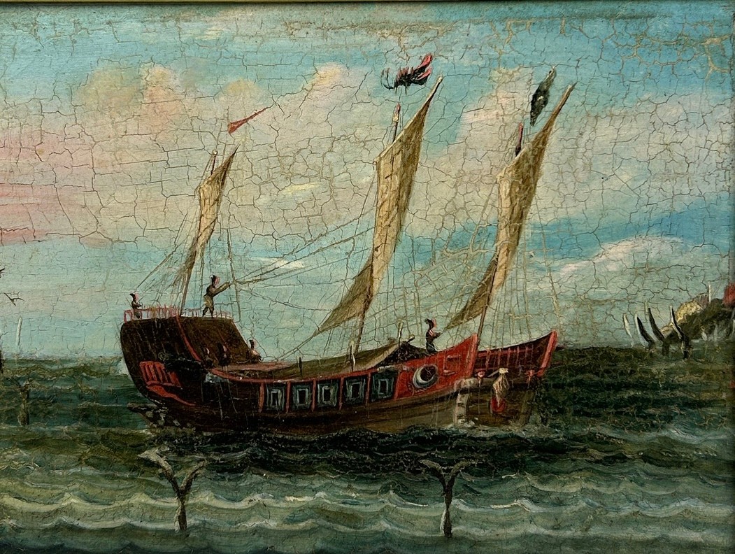 19TH CENTURY CHINESE SCHOOL 'WHALERS BY THE COAST', mounted in a gilt frame. 27cm x 20cm