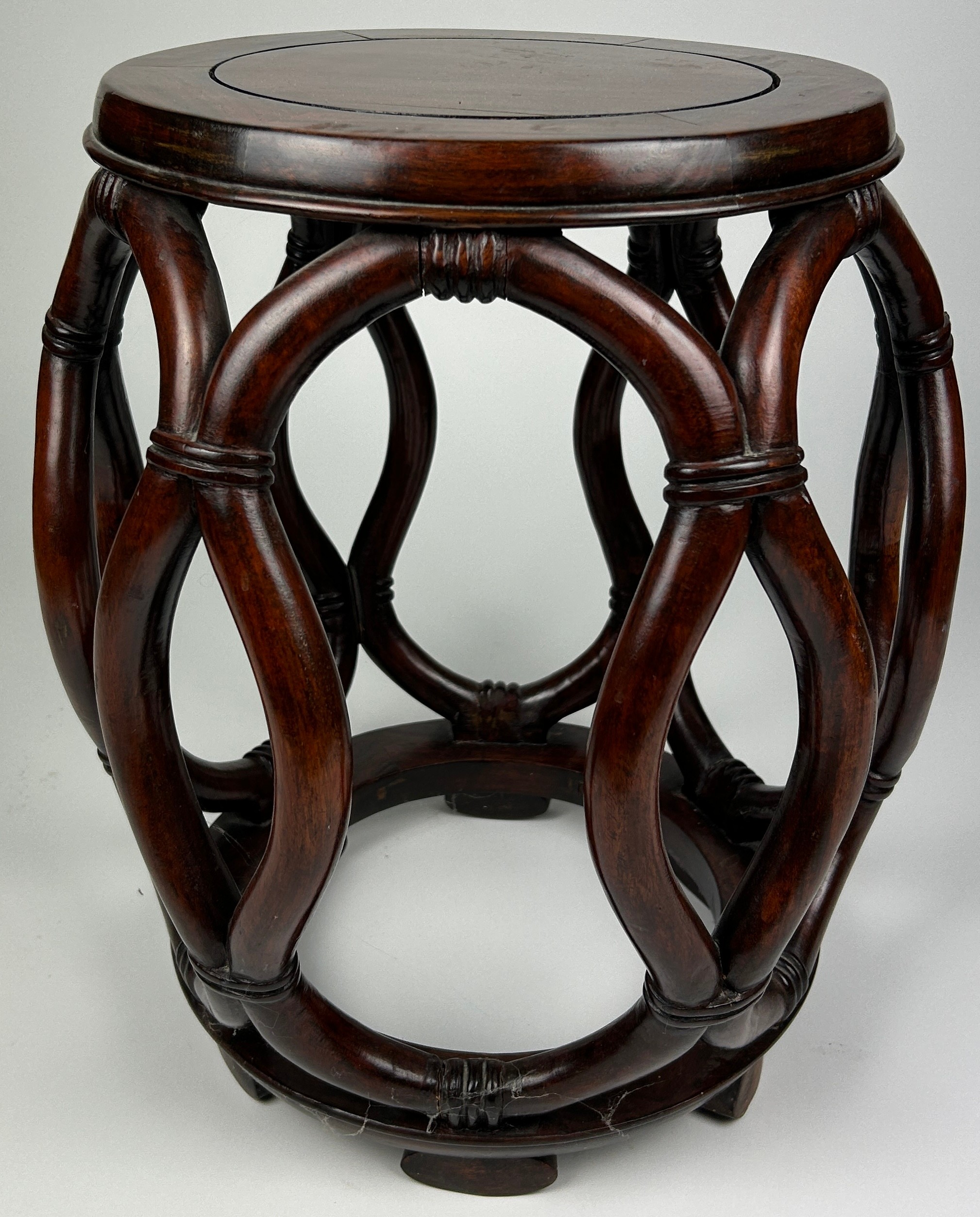 A PAIR OF CHINESE ROSEWOOD BARREL STOOLS, with burl inset circular top and reticulated sides, carved - Image 3 of 10