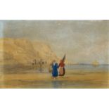 ATTRIBUTED TO DAVID COX (1783-1859), watercolour study of three figures on the beach. 23cm x 15cm