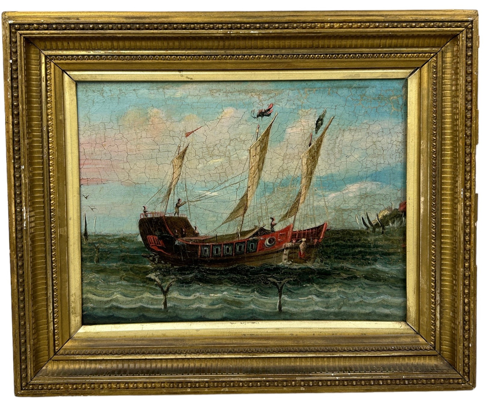 19TH CENTURY CHINESE SCHOOL 'WHALERS BY THE COAST', mounted in a gilt frame. 27cm x 20cm - Image 2 of 2