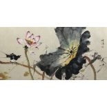 A LARGE CHINESE INK AND WATERCOLOUR PAINTING ON PAPER OF A BIRD BESIDE FLOWERS,