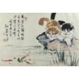 A CHINESE INK AND WATERCOLOUR PAINTING OF TWO CATS WATCHING GOLDFISH