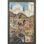 A MUGHAL PAINTING ON LINEN, depicting horses and riders with a fortress in the background 77cm x