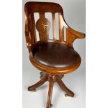 A STARBAY ROTATING CAPTAINS CHAIR, rosewood with brown leather seat on five legs with brass