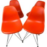A SET OF FOUR CHARLES AND RAY EAMES FOR VITRA DSR CHAIRS, plastic and chrome in red