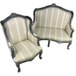 A SMALL FRENCH FURNITURE SUITE, to include a canapé and a bergere upholstered in regency style