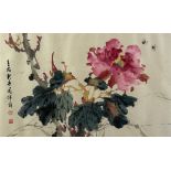 A LARGE CHINESE INK AND WATERCOLOUR ON PAPER OF FLOWERS ON A TREE WITH BEE'S