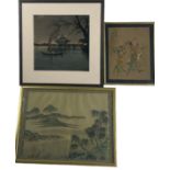 THREE CHINESE WORKS OF ART, including a watercolour on silk of trees beside a river, another on