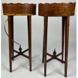 A PAIR OF SATINWOOD ITALIAN SIDE TABLES, each with painted leaf decoration on four tapering legs