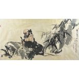 A CHINESE INK AND WATERCOLOUR PAINTING OF A MAN CROUCHING BESIDE FOLIAGE,