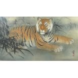 A LARGE CHINESE WATERCOLOUR ON PAPER OF A CROUCHING TIGER AMONGST REEDS, with two red character