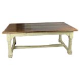 A LARGE FRENCH REFRECTORY TABLE WITH PLANK TOP, raised on a grey painted base with four legs