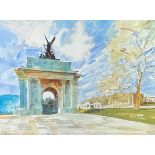 A LARGE WATERCOLOUR OF WELLINGTON ARCH IN HYDE PARK, LONDON