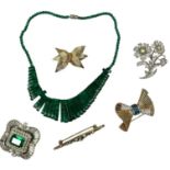 PROPERTY OF A TITLED LADY: A COLLECTION OF FIVE BROOCHES AND A MALACHITE NECKLACE, dress jewellery