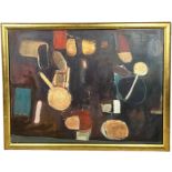 A LARGE ABSTRACT OIL ON CANVAS PAINTING MOUNTED IN A GILT FRAME 102cm x 75cm