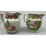 TWO 19TH CENTURY LUSTREWARE JUGS, one with depictions of a stag, the other depicting two gentleman