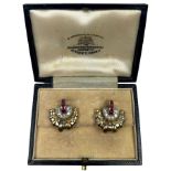 PROPERTY OF A TITLED LADY: A PAIR OF GOLD AND PLATINUM EARRINGS INSET WITH DIAMONDS AND RUBIES