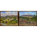 A PAIR OF JAPANESE OIL ON CANVAS LANDSCAPE'S OF MOUNTAIN RANGES, mounted in frames (2)