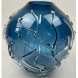 A WILLIAM YEOWARD ART GLASS BLUE VASE WITH APPLIED TWIG DESIGN