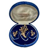 PROPERTY OF A TITLED LADY: A SET OF THREE 15 CARAT GOLD BROOCH AND EARRING SET WITH PEARLS AND