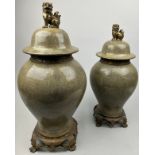 A MATCHED PAIR OF CHINESE TEMPLE JARS, faux shagreen design on gilt metal rococo bases with foo