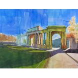 A LARGE WATERCOLOUR OF APSLEY GATE AT THE ENTRANCE TO HYDE PARK, LONDON 89cm x 69cm