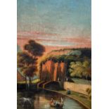 A 19TH CENTURY CAPRICCIO VIEW WITH FIGURES BOATING ON AN ORNAMENTAL LAKE WITH VILLA,