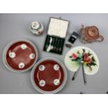 A MIXED LOT TO INCLUDE A CHINESE GINGER JAR AND PLATES, A Japanese tea pot, fan, silver plated