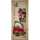 ATTRIBUTED TO QI BAISHI (1864-1957): A CHINESE PAINTED SCROLL OF PEACHES AND FLOWERS, Ink and colour