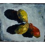 AN ACRYLIC PAINTING ON PAPER STILL LIFE OF FRUIT, on a blue background. 30cm x 23cm Signed and dated