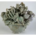 A LARGE EARLY 20TH CENTURY CHINESE HAND CARVED THREE COLOUR JADEITE FLOWER AND FRUIT BASKET, **