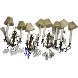 A SET OF FOUR WALL SCONCES, brass with crystal and blue glass drops (4)