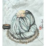 A CHINESE PASTEL AND CHARCOAL ON PAPER OF A MAN CROUCHING BESIDE A STOVE, Glass cracked.