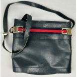 A VINTAGE GUCCI SIDE BAG, blue leather with red and blue belt logo and gold coloured hardware 27cm x