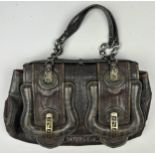 A FENDI BROWN LEATHER HANDBAG, with 'Zucca print' design throughout and gold coloured clasp. 34cm