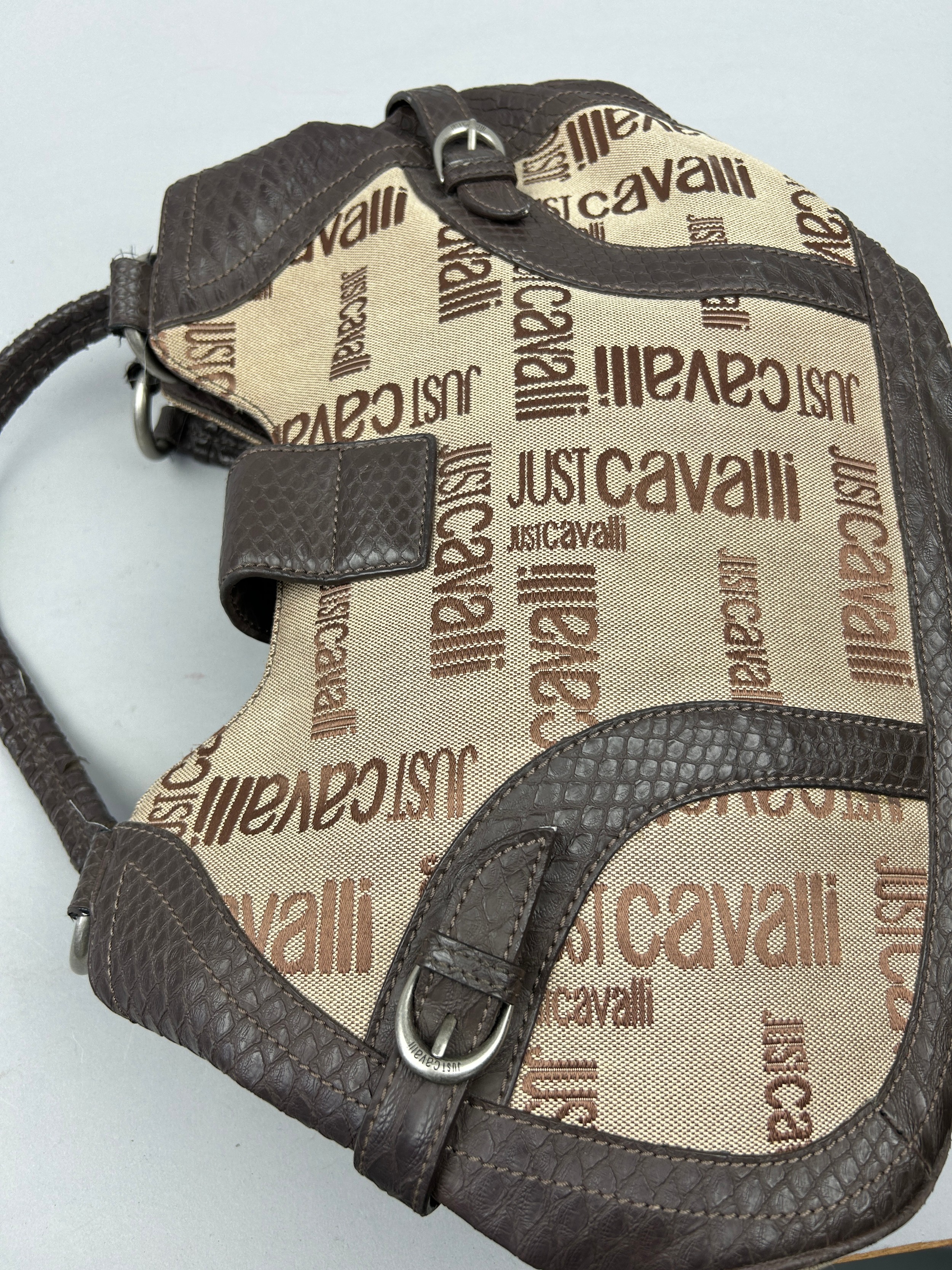 A JUST CAVALLI HANDBAG, with brown faux crocodile skin details, silver coloured hardware and branded - Image 6 of 9