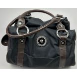 AN ARMANI JEANS BLACK NYLON HANDBAG, with brown leather straps and chrome emblem 38cm x 35cm Very