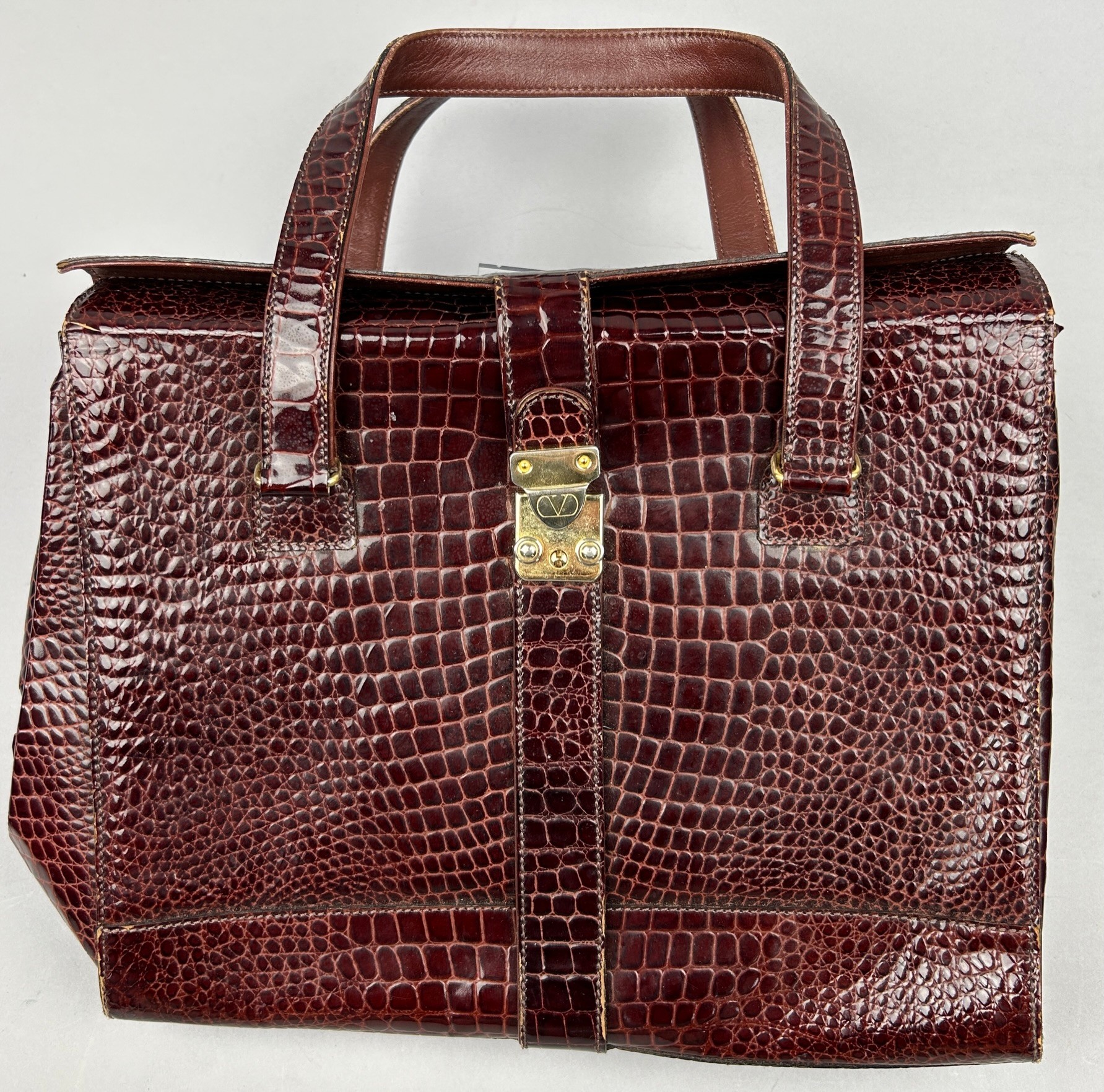 A VINTAGE VALENTINO CROCODILE SKIN MAROON HANDBAG, 35cm x 30cm Very good condition, minimal signs of