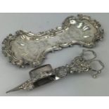 A VICTORIAN SILVER PLATED CANDLE SNUFFER AND DISH (2)