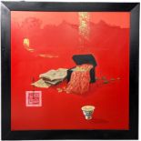 BUI HUU HUNG (VIETNAMESE B.1957) 'RED STILL LIFE', lacquer on wood, mounted in an ebonised frame,