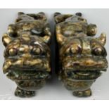 A PAIR OF CHINESE HARD STONE TEMPLE LIONS, 40cm x 25cm x 12cm each