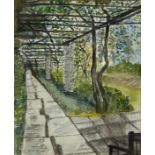 A SMALL WATERCOLOUR OF 'WYSTERIA WALK' IN NYMANS GARDENS WEST SUSSEX, mounted in a frame and