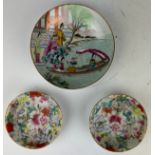 A COLLECTION OF THREE CHINESE PLATES, two millefleurs famille rose with six character marks to verso