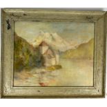 AN OIL ON CANVAS PAINTING DEPICTING THE CASTLE OF CHILLON, Switzerland. Mounted in a grey frame