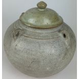 A CHINESE STONEWARE POT WITH LID AND FOUR LOOP HANDLES, the pot probably Ming Dynasty (1368-1644),