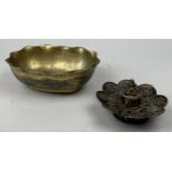 A BRASS BOWL AND INCENSE HOLDER (2) Possibly Tibetan. One with character seal to verso.