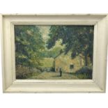 MARJORIE DUNCAN: A MID 20TH CENTURY SCHOOL OIL ON BOARD PAINTING OF A HOUSE AMONGST TREES, with a