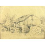 A COMPETENT PENCIL SKETCH AND SHADING OF A BARN, signed E.B 1856 23cm x 17cm